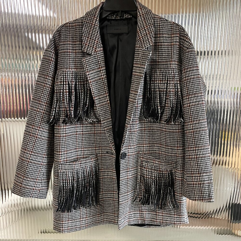 Womens Blank NYC XS Cowgirl Fringe Houndstooth Western Blazer